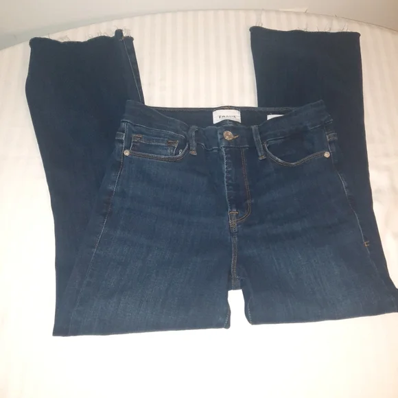 FRAME Le Crop Mini Boot Blue Frayed Hem Flared Jeans - Picture 11 of 13